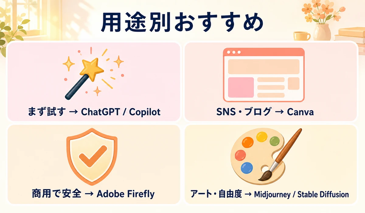 画像生成AIの用途別おすすめ — まず試す・SNSブログ・商用安全・アートの4ケースとおすすめツールの図