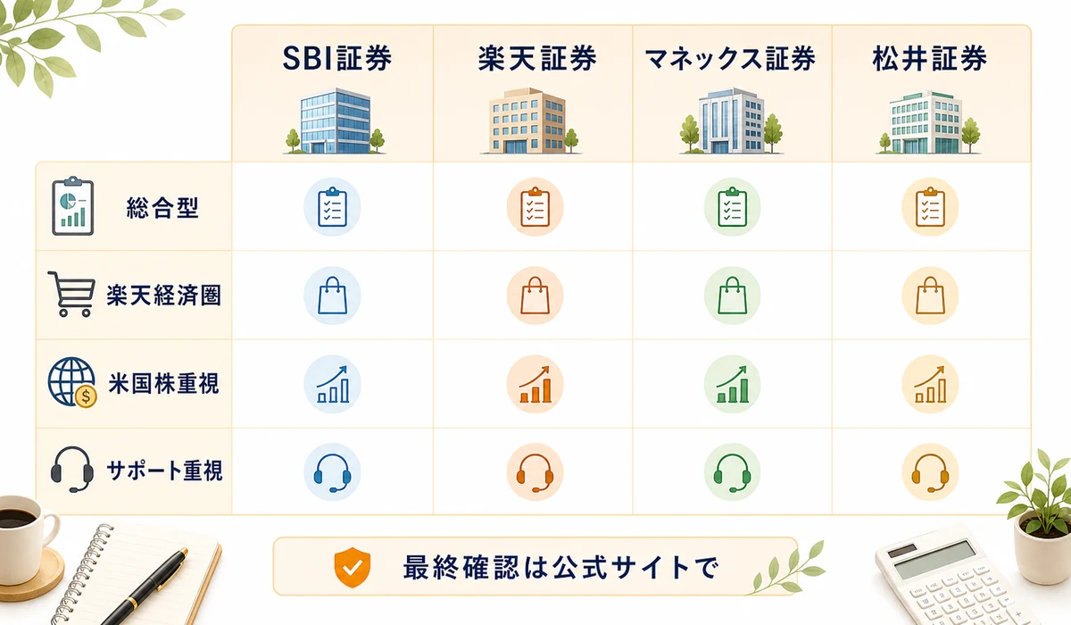 主要ネット証券4社を、総合力、楽天経済圏、米国株、サポートの軸で配置した図