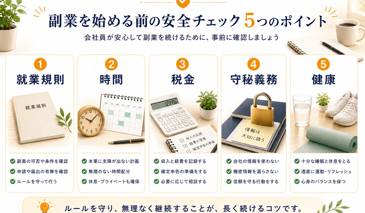 会社員副業の安全チェック、就業規則、時間、税金、守秘義務、健康を示した図
