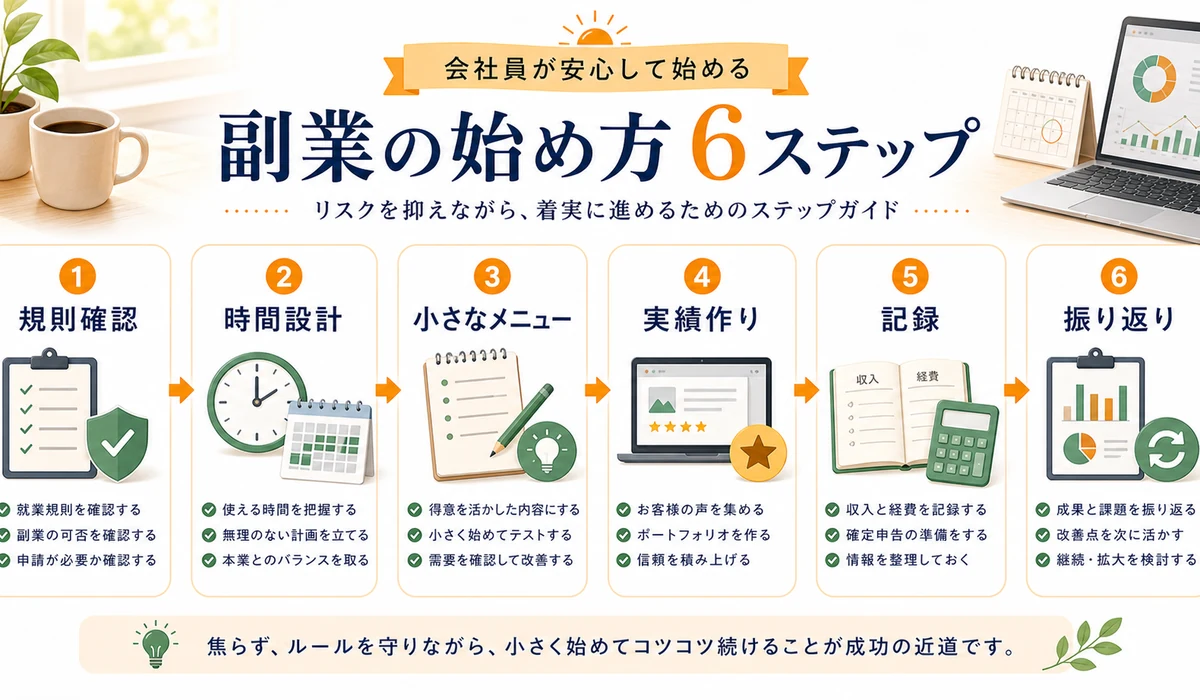 副業開始7ステップ、規則確認、時間設計、メニュー、実績、記録、振り返りの流れ