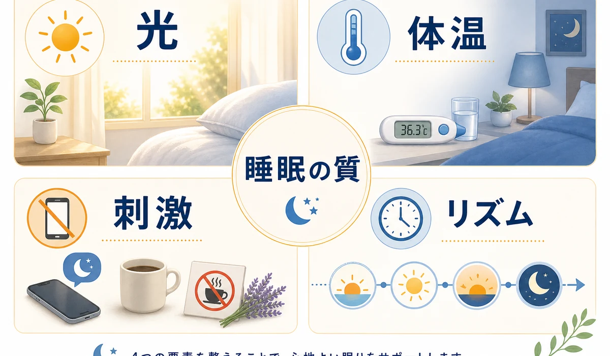 睡眠の質を決める4要素、光、体温、刺激、リズムを示した図