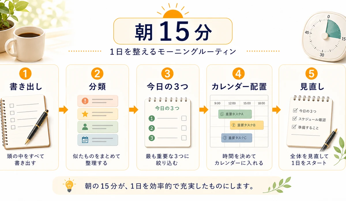朝15分の時間管理ルーティン、書き出し、分類、1タスク選択、カレンダー配置の図